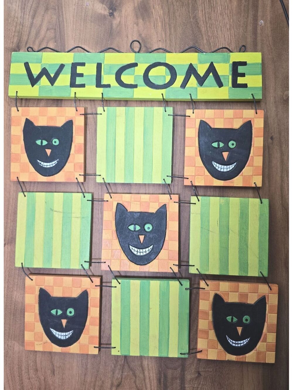 Vintage Debbie Mumm Wooden Halloween Black Cat Tic-Tac-Toe Welcome Sign